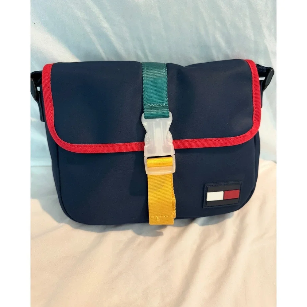 Tommy Hilfiger Navy Blue Nylon Crossbody Messenger Bag Colorblock Buckle Strap